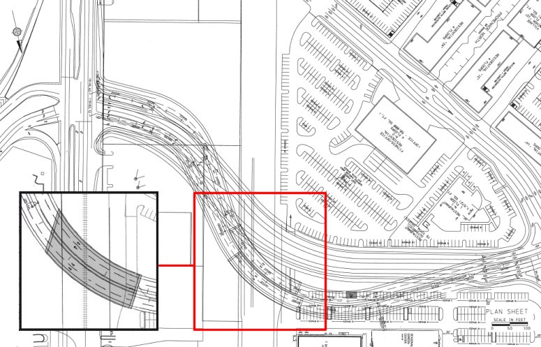Initial and re-designed bridge alignments