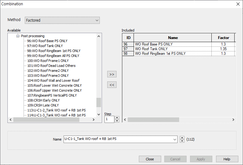 정의된 하중조합 확인 대화창