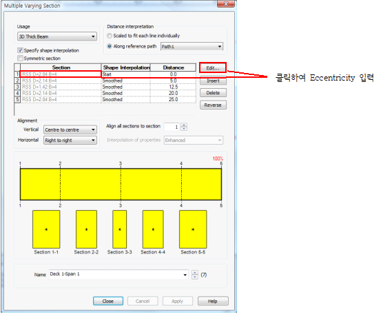 Deck 1의 Span1에 대한 변단면 정의