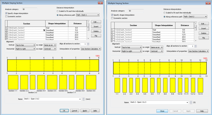 Deck 1과 Deck 2에 대한 Multiple varying section 정의