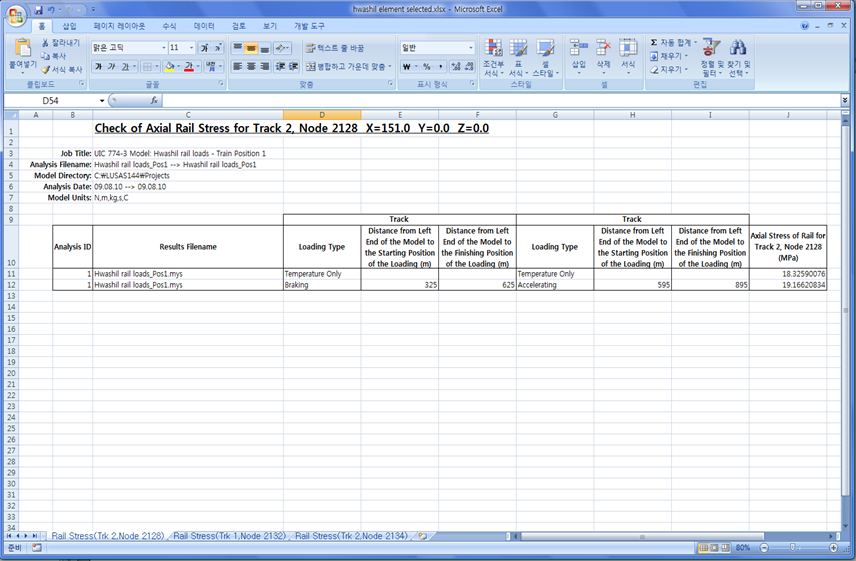 엑셀로 추출된 결과 사례 (사용자 선택 Node에 대한 결과)