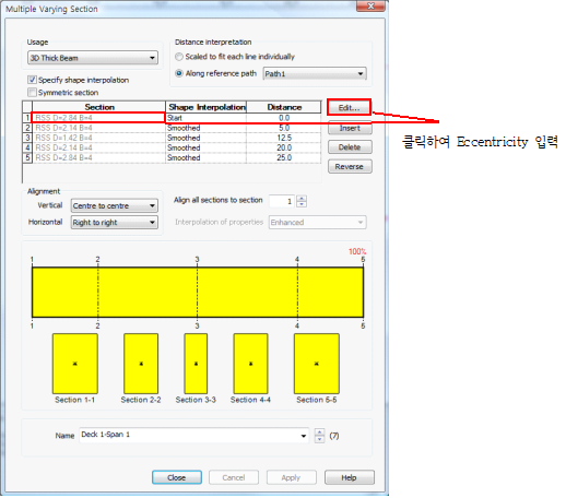 Deck 1의 Span1에 대한 변단면 정의