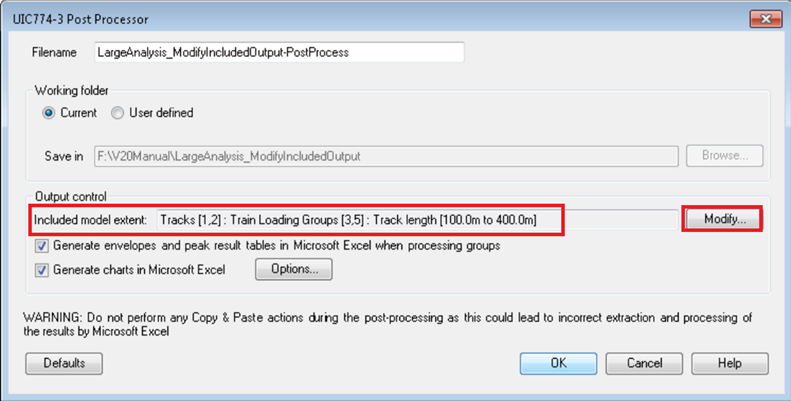 출력 대상 궤도와 열차 하중 그룹이 지정된 결과출력 대화창 예시