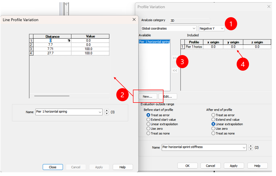 교각의 수평 스프링 상수 변경 설명