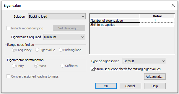 'Eigenvalue (buckling)' 제어의 기본값