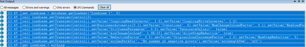 텍스트 출력 창에는 이 예제의 비선형 제어에 대한 LPI 명령이 표시됩니다.