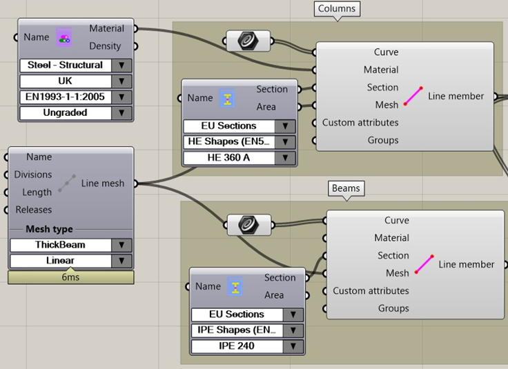 형상, 메쉬, 재료특성 및 단면 속성을 가진 기둥 및 보 구성 요소